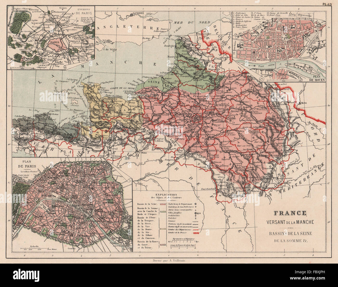 FRANCE MANCHE ENGLISH CHANNEL WATERSHED. Seine Somme Orne Rance basins, 1880 map Stock Photo