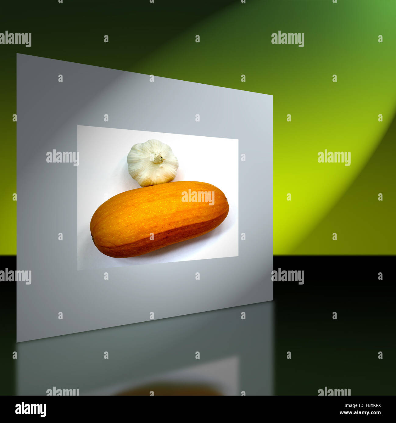 wall with image of pumpkin and garlic Stock Photo