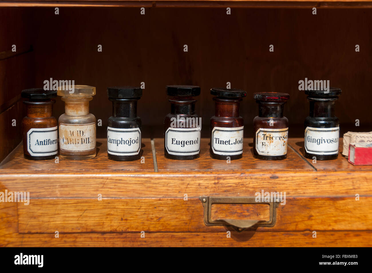 Old  medical vintage bottles in stomatology ambulance Stock Photo