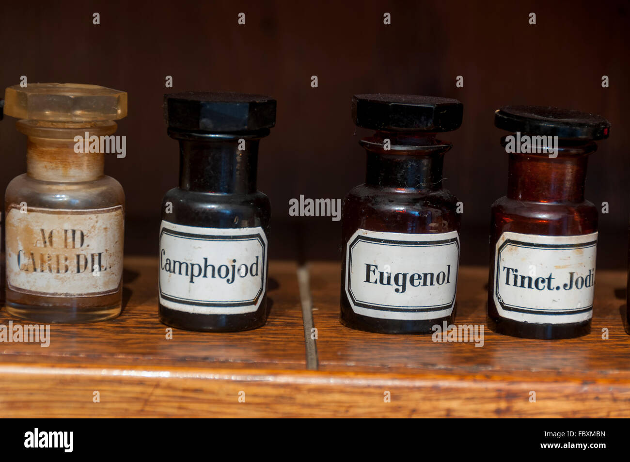Old  medical vintage bottles in stomatology ambulance Stock Photo