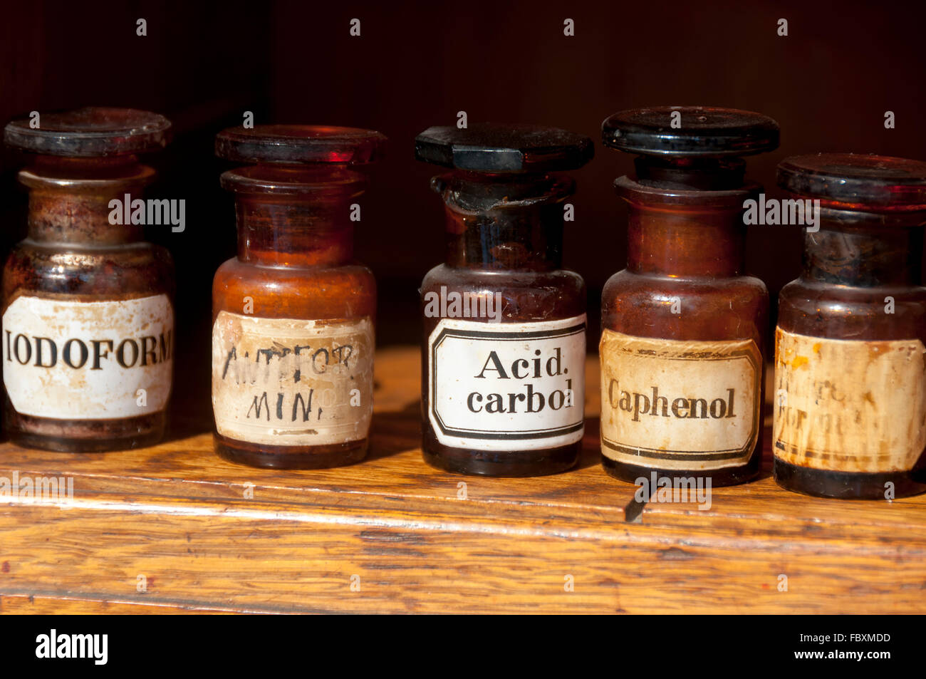 Old  medical vintage bottles in stomatology ambulance Stock Photo