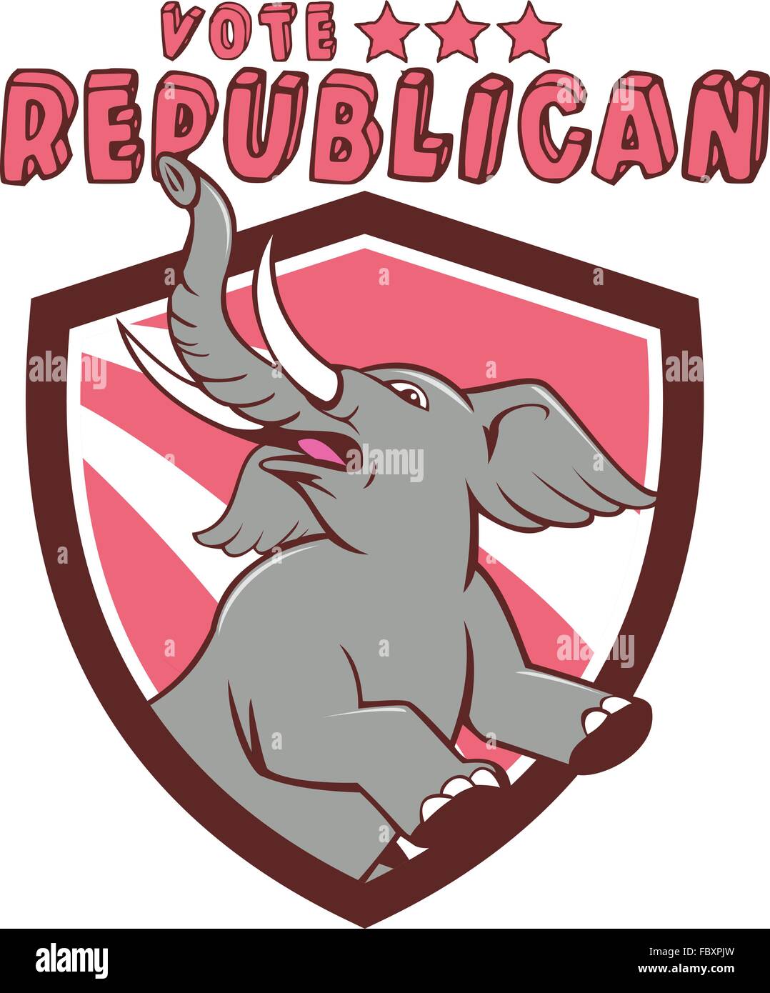 Illustration of a republican elephant mascot of the republican party prancing looking up to the side set inside shield crest with red stripes in the background done in cartoon style with words Vote Republican. Stock Vector