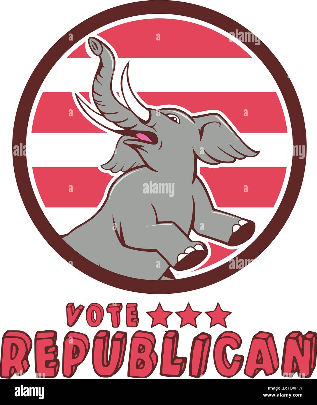 Illustration of a republican elephant mascot of the republican party prancing looking up to the side set inside circle with red Stock Vector