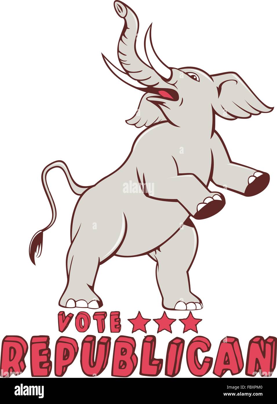 Illustration of a republican elephant mascot of the republican party prancing looking up to the side set on isolated white background done in cartoon style with words Vote Republican. Stock Vector