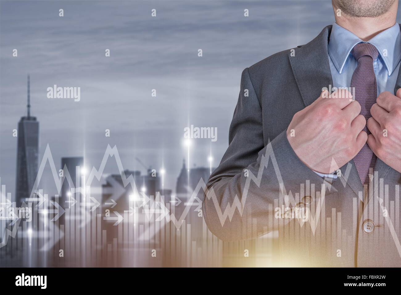 Successful Smart Businessman Conceptual Illustration. Elegant Suit and Tie Wearing Businessman. The City and Some Graphic Statis Stock Photo