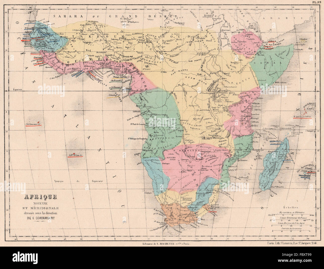 SUB-SAHARAN AFRICA showing French British Portuguese Spanish colonies, 1880 map Stock Photo