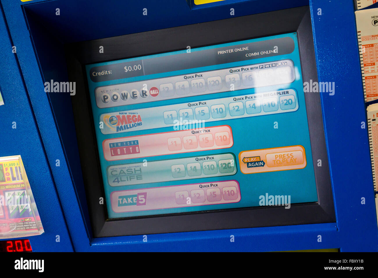 The screen on an automated lottery ticket dispenser shows the myriad choices available to the