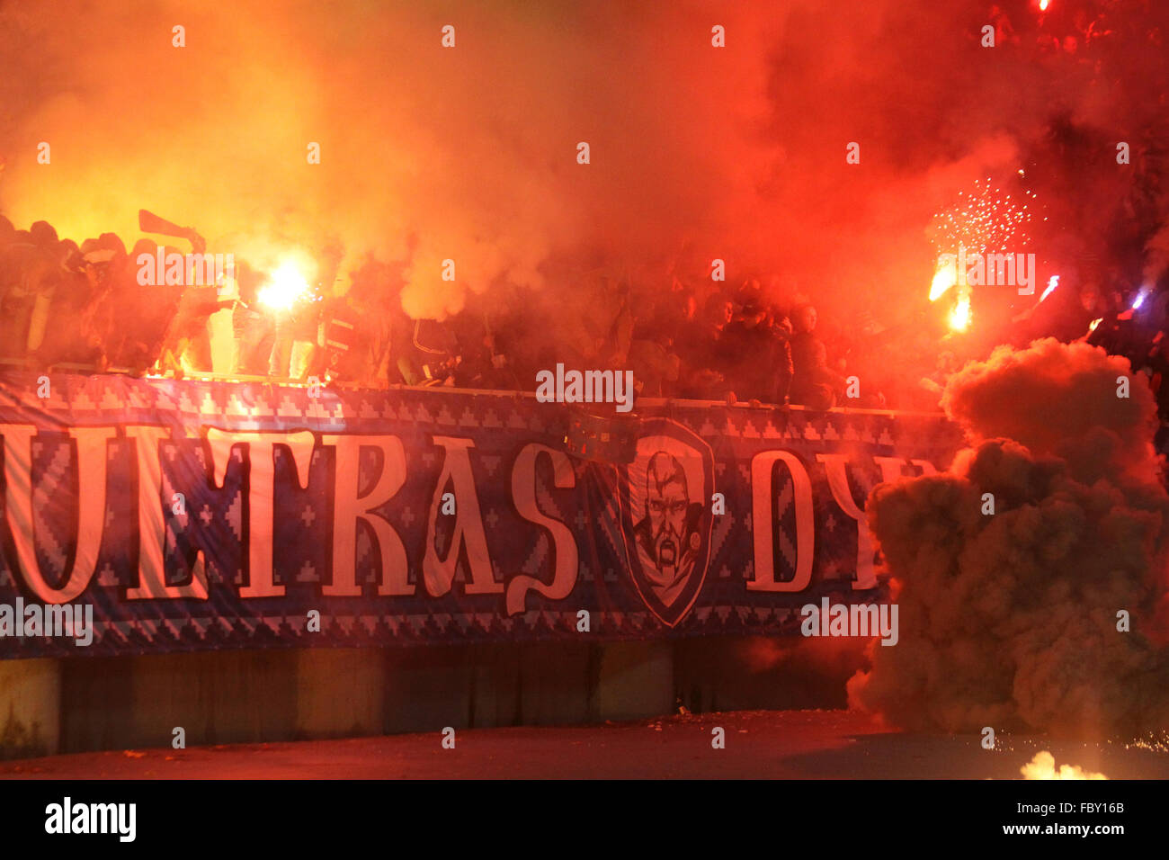 FC Dynamo Kyiv ultras (ultra supporters) burn flares during football