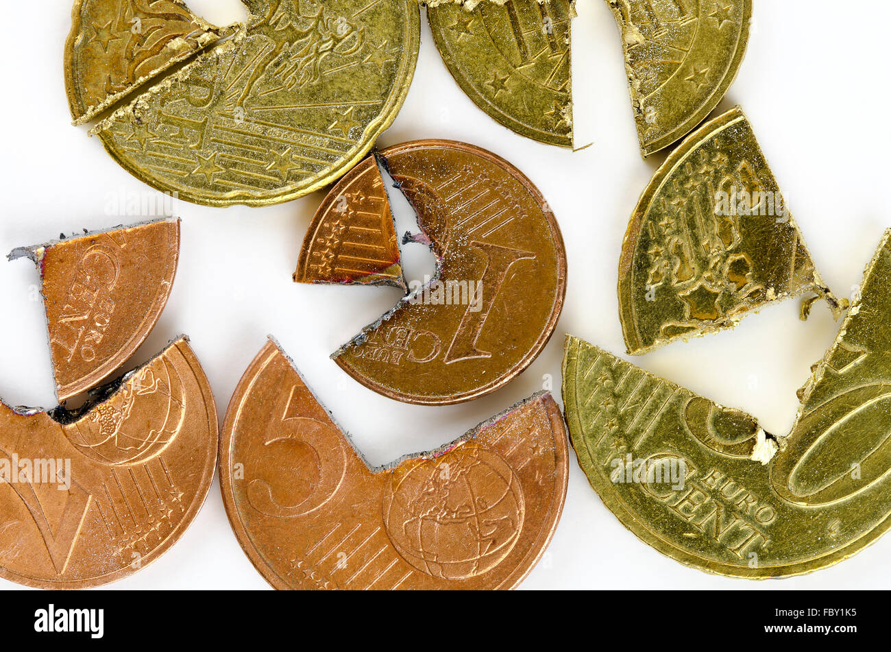Euro-Cent coins cutted in two pieces Stock Photo
