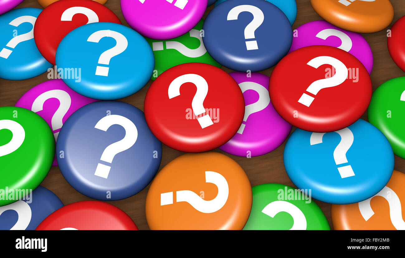 Question mark symbol on scattered colorful badges customer questions concept 3d illustration for web and online business. Stock Photo