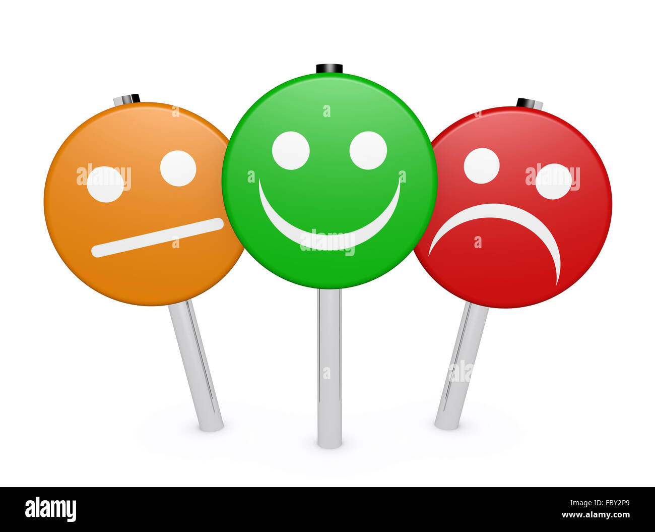 Business quality service customer feedback, rating and survey with smiling face emoticon symbol and icon on sign post on white. Stock Photo