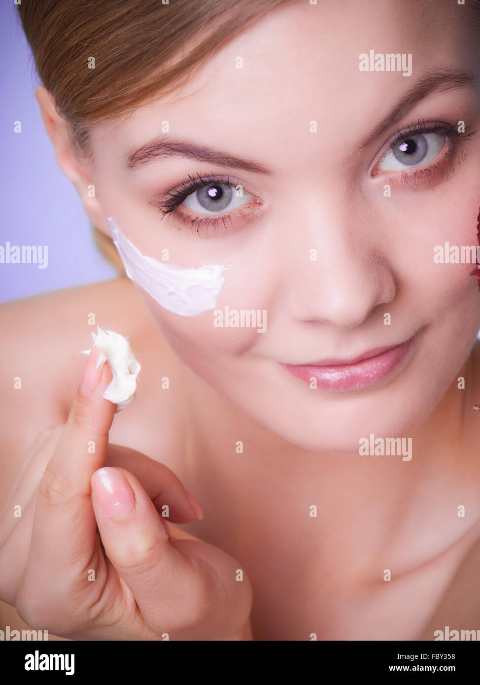 Skincare. Face of young woman girl taking care of dry skin. Stock Photo
