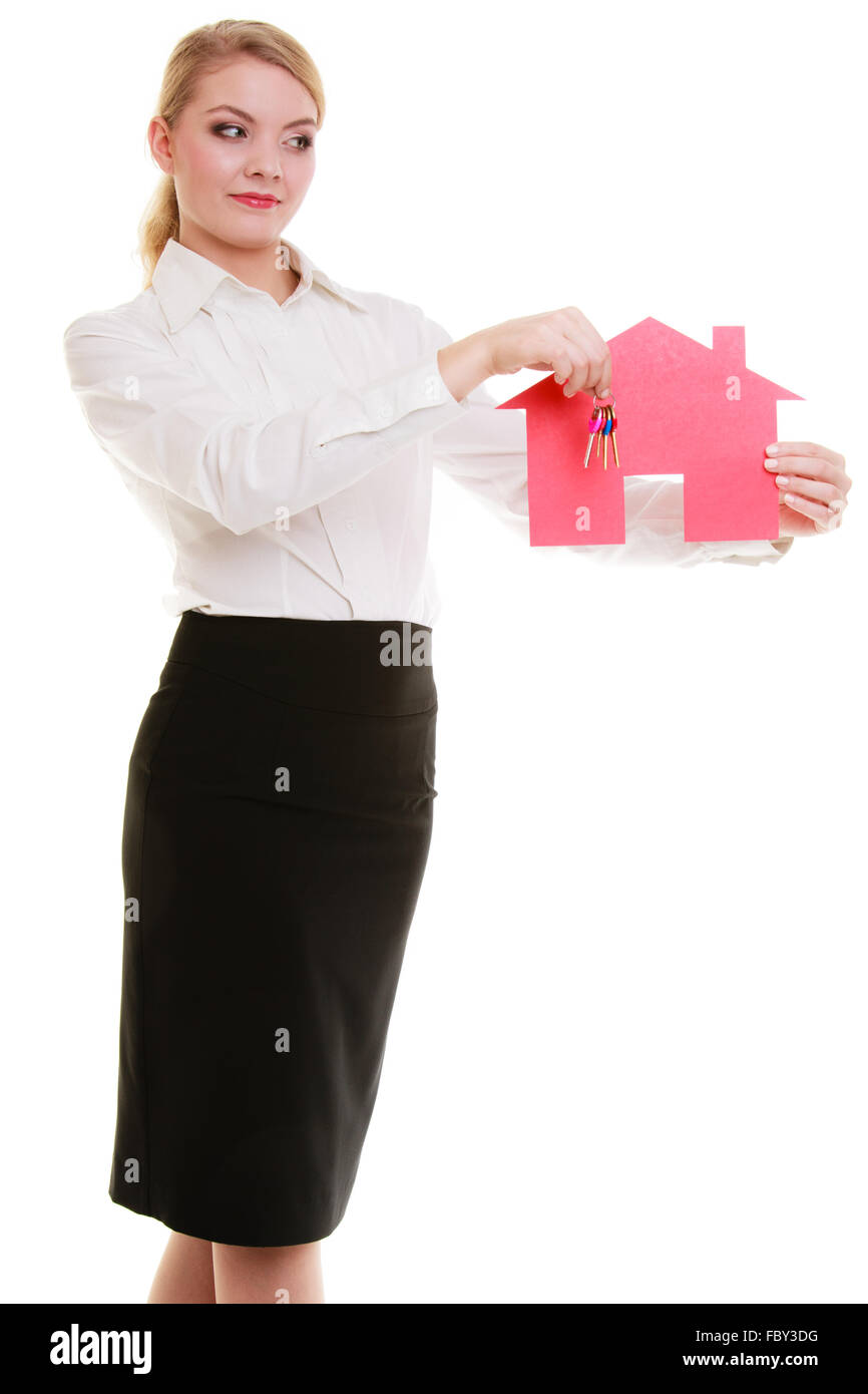 Business woman real estate agent holding red paper house keys Stock ...