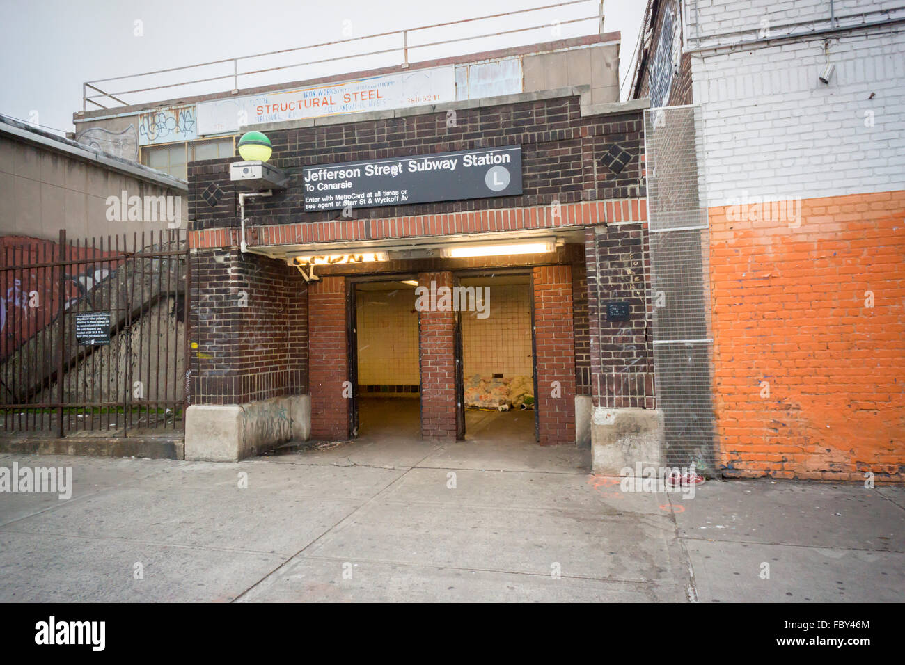 The head house of the Jefferson Street subway station on the "L" line
