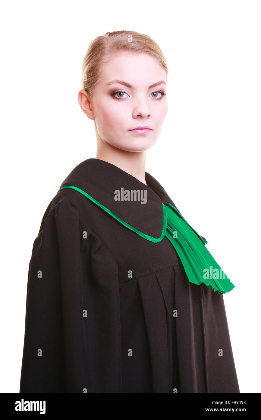 Law court or justice concept. Portrait young woman lawyer attorney wearing classic polish (Poland) black green gown isolated on Stock Photo