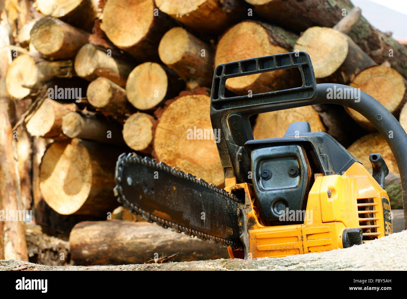 Yellow chain saw and wood outdoor Stock Photo Alamy