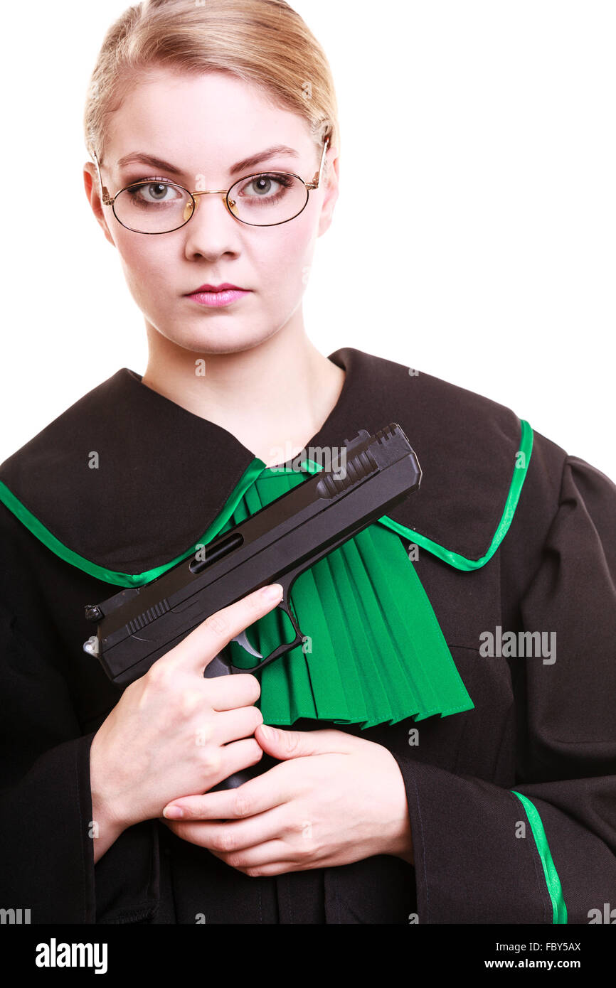 Woman lawyer attorney in polish black green gown with gun Stock Photo Alamy