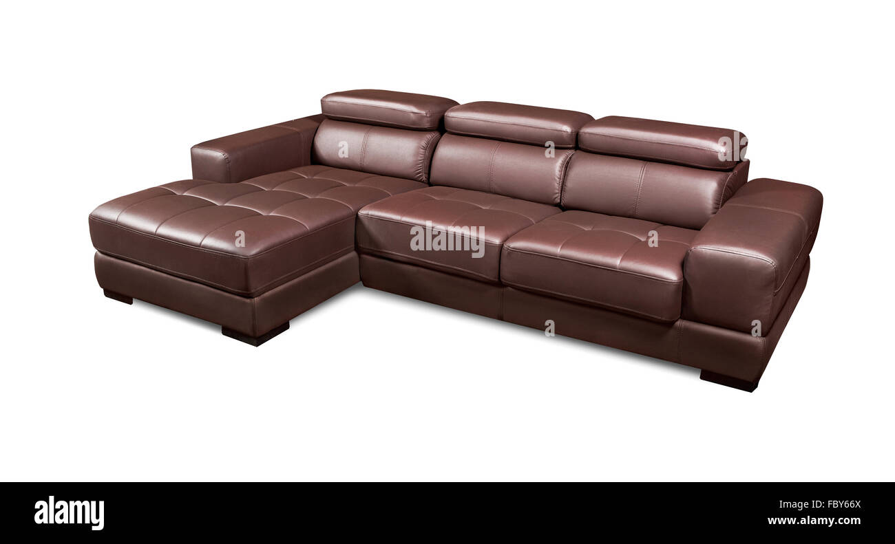 Luxury leather corner brown sofa isolated on white background Stock