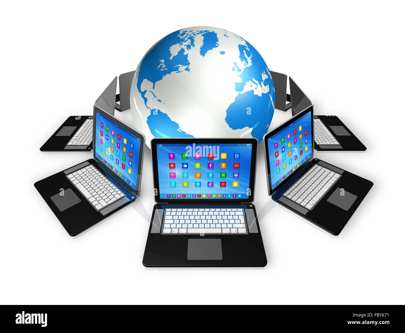 Laptop Computers around World Globe Stock Photo - Alamy