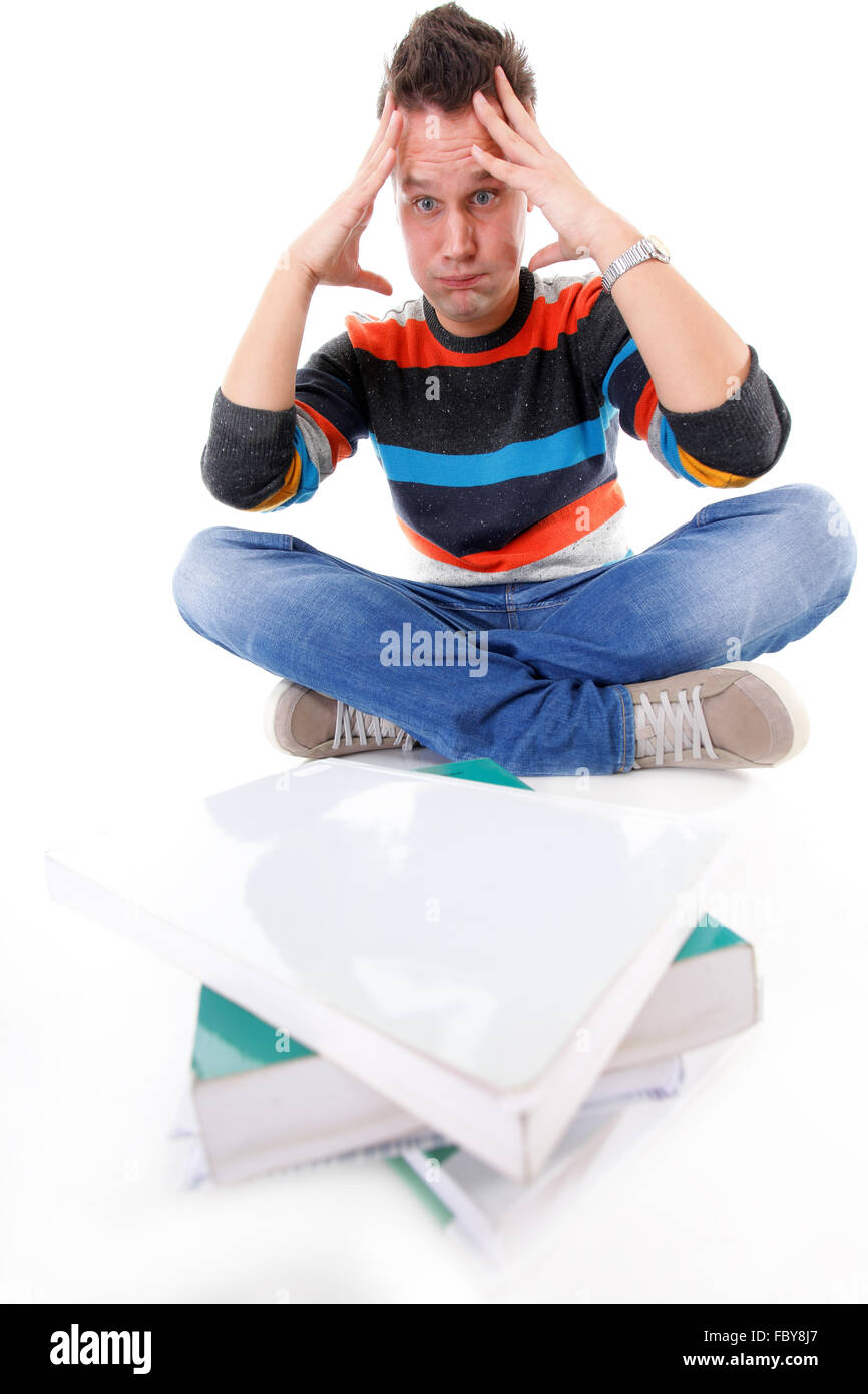 tired college student with stack of books isolated Stock Photo - Alamy