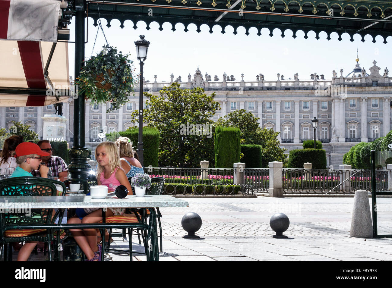 Madrid Spain,Europe,European,Spanish,Hispanic Hispanics Latin Latins Latino Latinos,Spanish speaking,Centro,Plaza de Oriente,sidewalk cafe,alfresco di Stock Photo