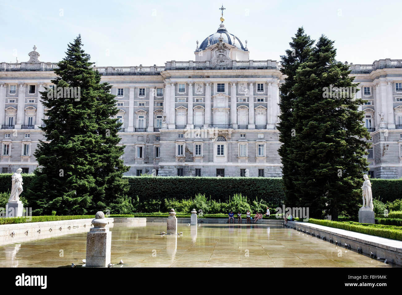 Madrid Spain,Europe European,Spanish,Centro,Jardines de Sabatini,Gardens,Palacio Real de Madrid,Royal Palace,reflection pool,outside exterior,Spain150 Stock Photo