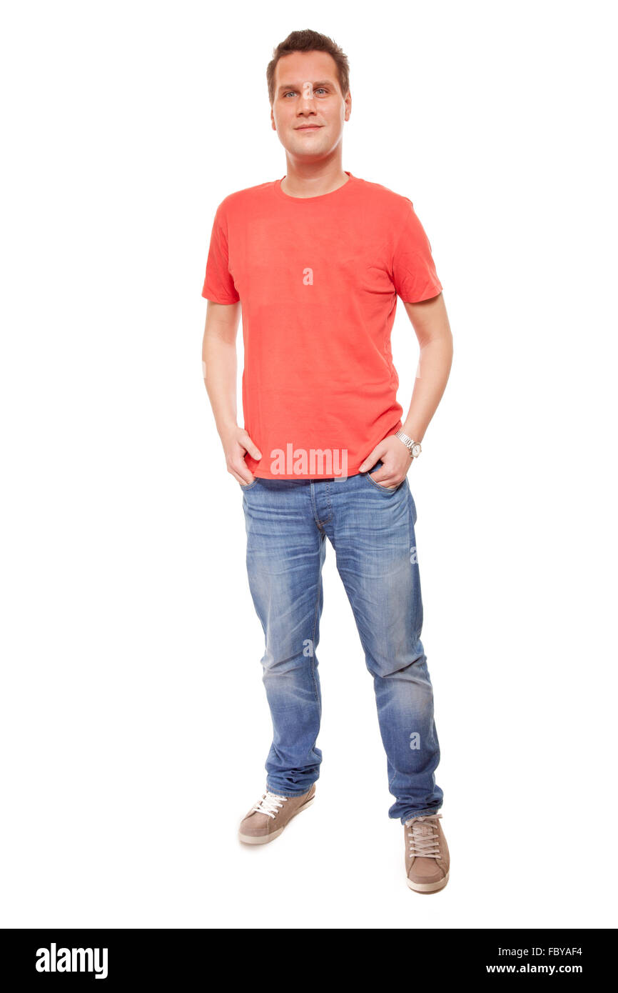 Full length young man wearing red tshirt jeans casual fashion style