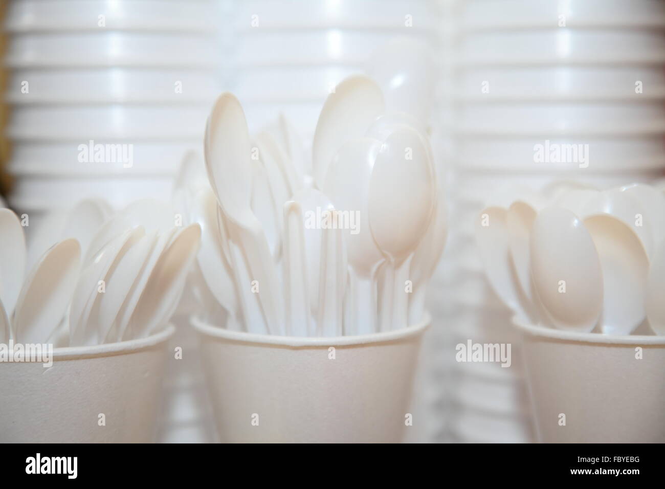 Disposable plastic utensils cups and spoons Stock Photo Alamy