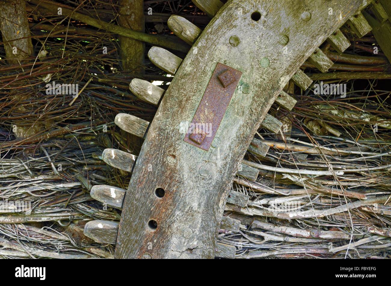 old big wooden cogged wheel Stock Photo