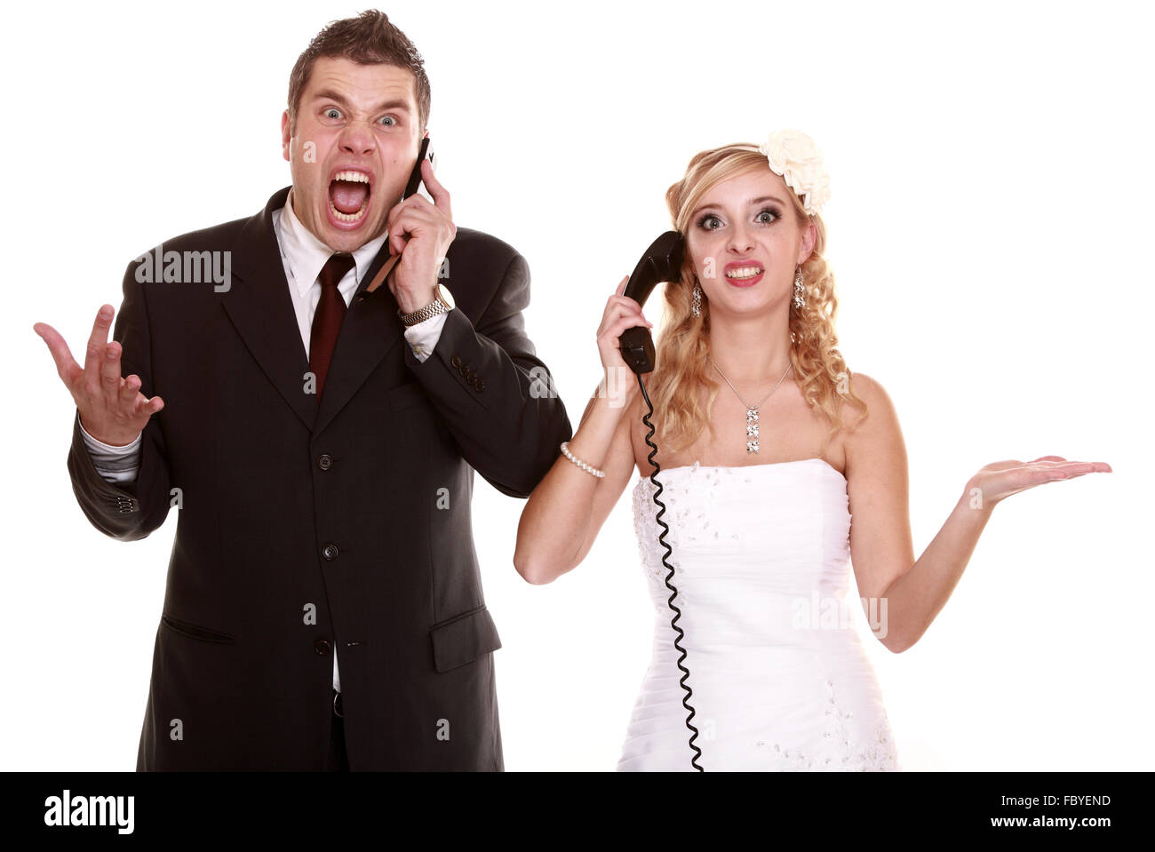 Wedding fury couple phone yelling, relationship difficulties Stock Photo