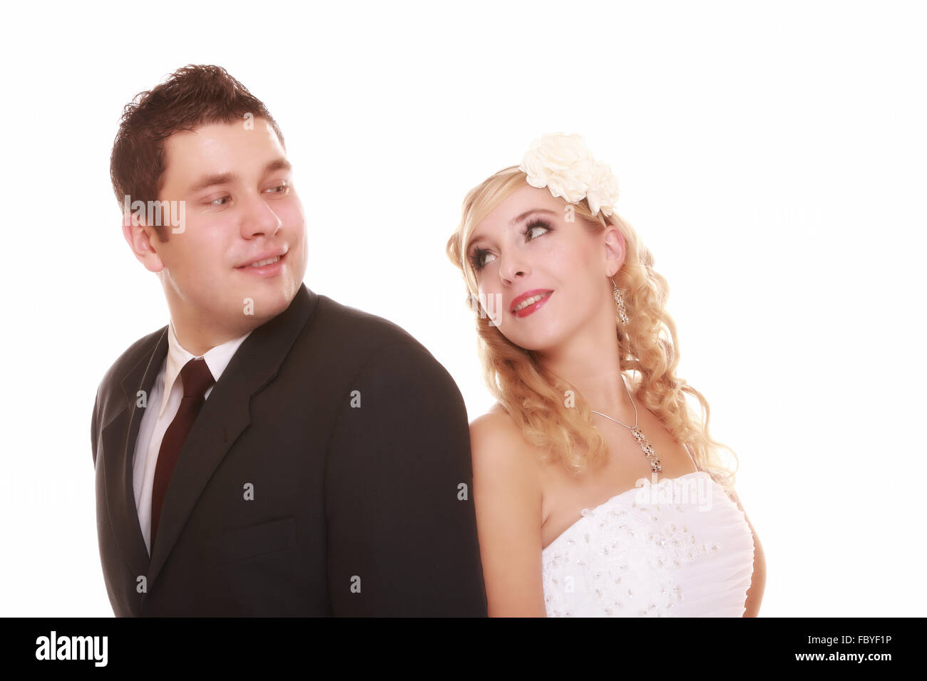 Portrait of happy bride and groom on white background Stock Photo - Alamy