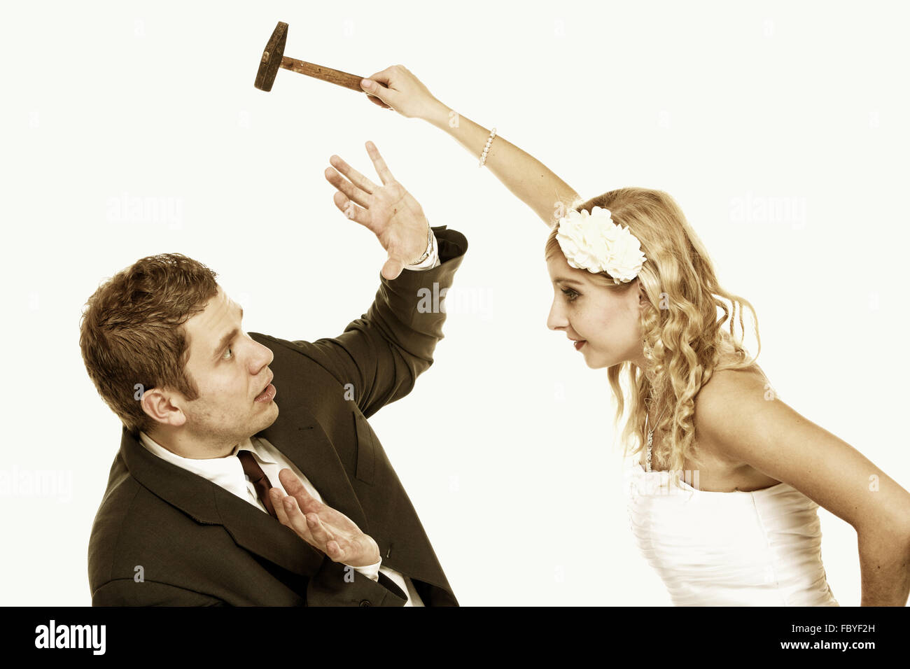 Wedding couple in fight, conflict bad relationships Stock Photo