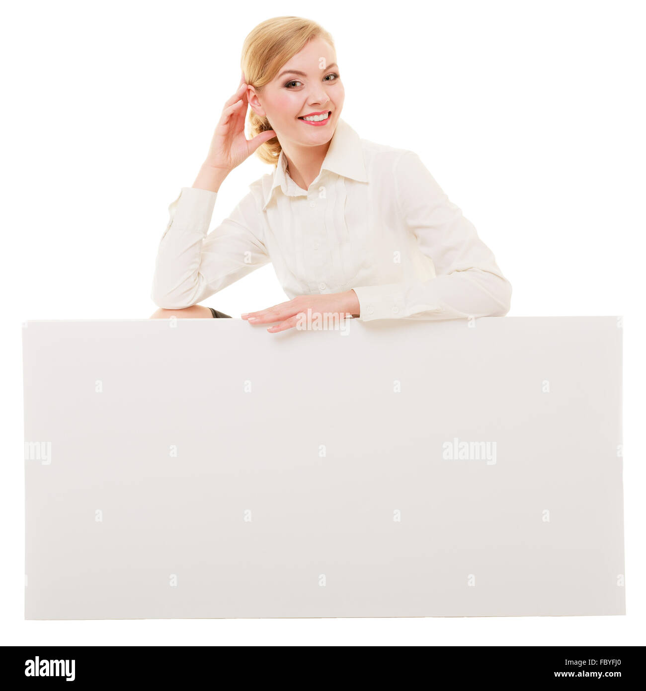 Ad. Businesswoman showing blank copy space banner Stock Photo - Alamy
