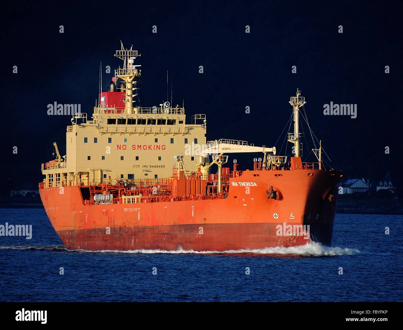 Ina Theresa, a chemical/oil tanker registered in Majuro, Marshall Islands, approaches Cloch Point in Gourock. Stock Photo