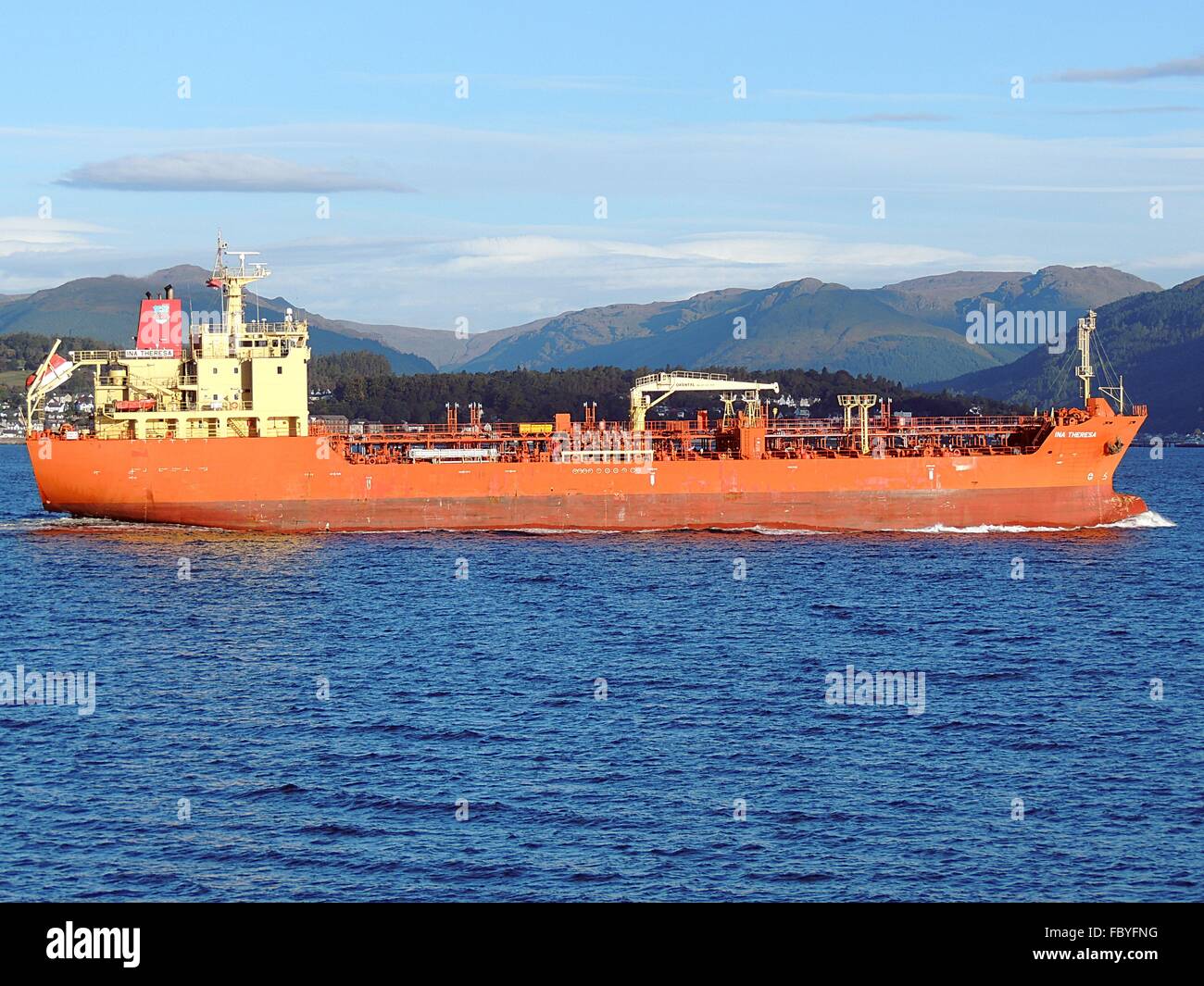 Ina Theresa, a Marshall Islands-registered chemical/oil tanker heading past Cloch Point in Gourock. Stock Photo