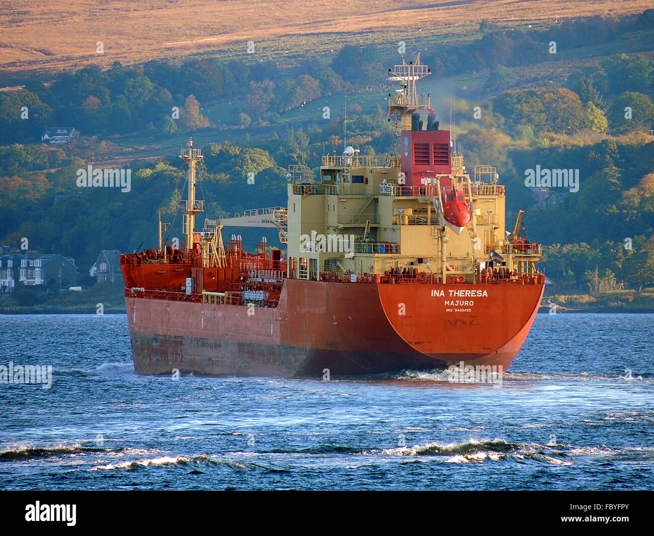 The chemical/oil tanker Ina Theresa after passing Cloch Point in Gourock. Stock Photo