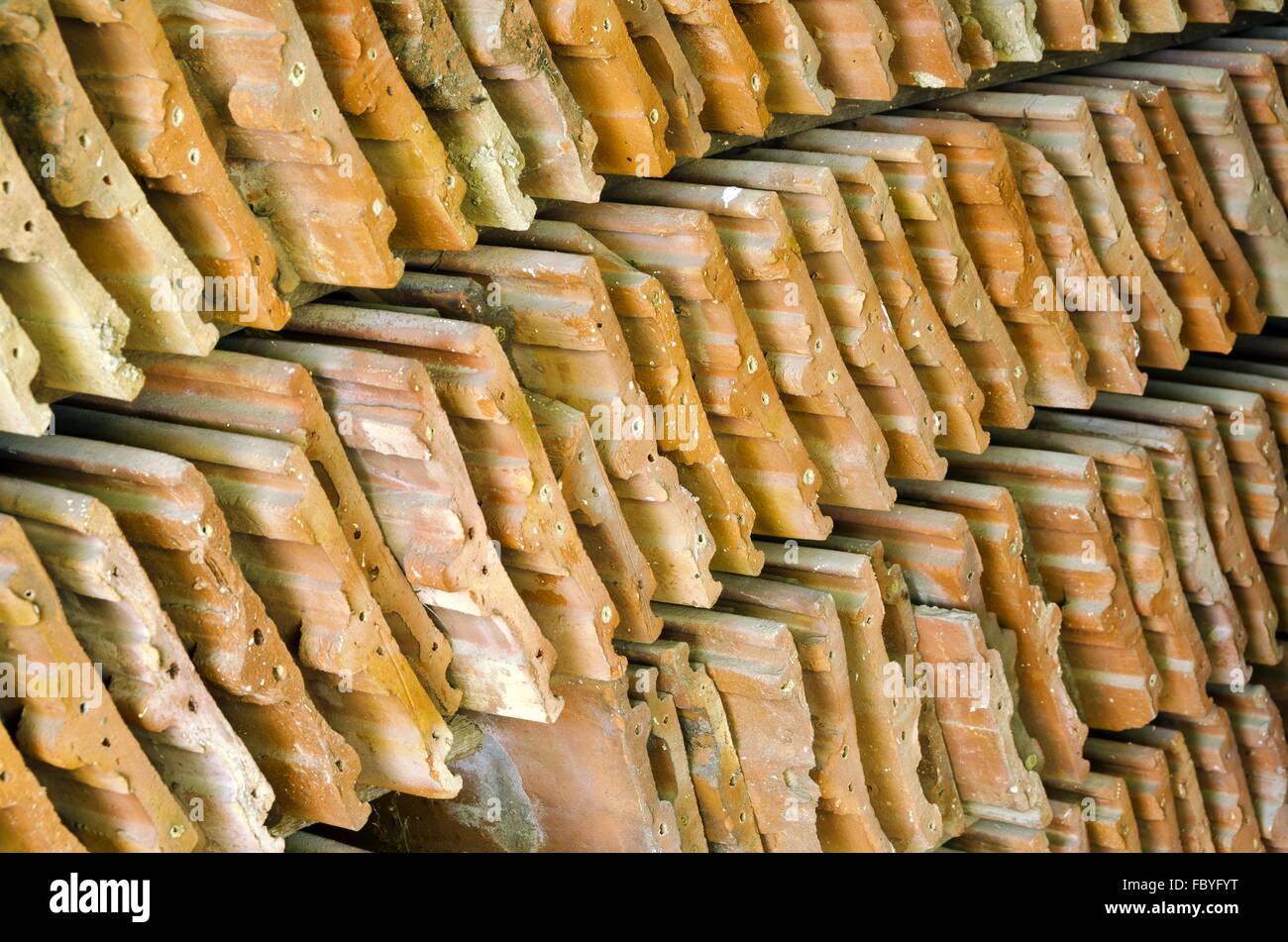 old clay roofing shingles Stock Photo
