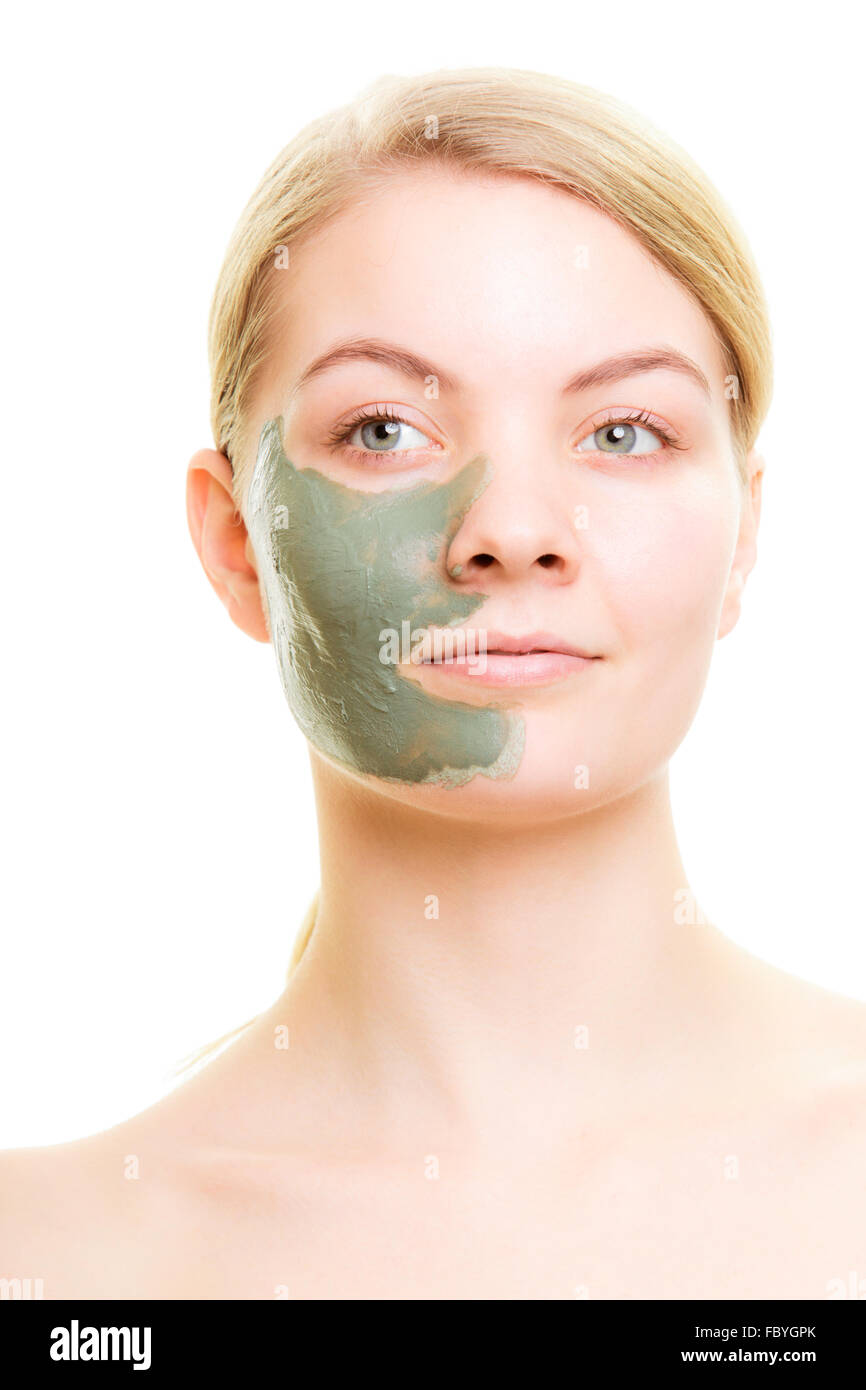 Skin care. Woman with clay mud mask on face Stock Photo Alamy