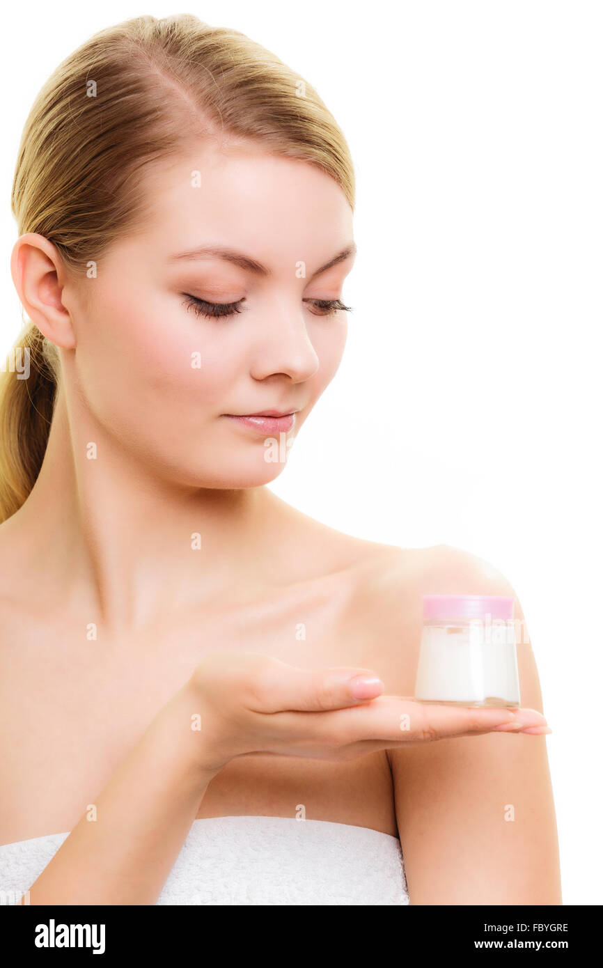 Skin care. Girl applying moisturizing cream Stock Photo Alamy