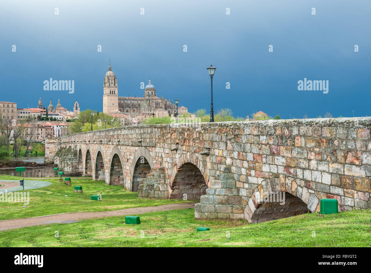 Panorama of Salamanka with Roman bridge, Spain Stock Photo