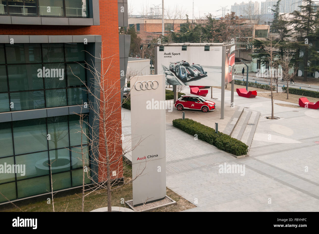 Audi China headquarters in Chaoyang District of Beijing with Audi posters and A1 car Stock Photo