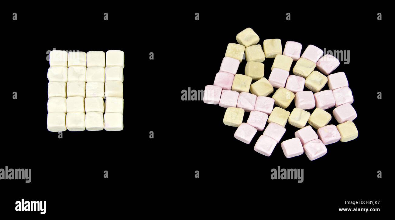 different arranged colored marshmallows Stock Photo