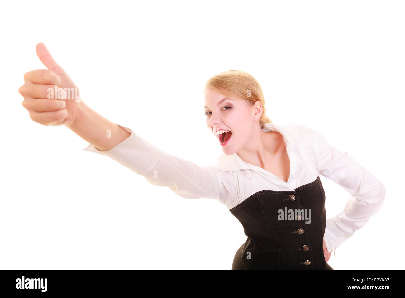 Success in work. Businesswoman celebrating promotion Stock Photo