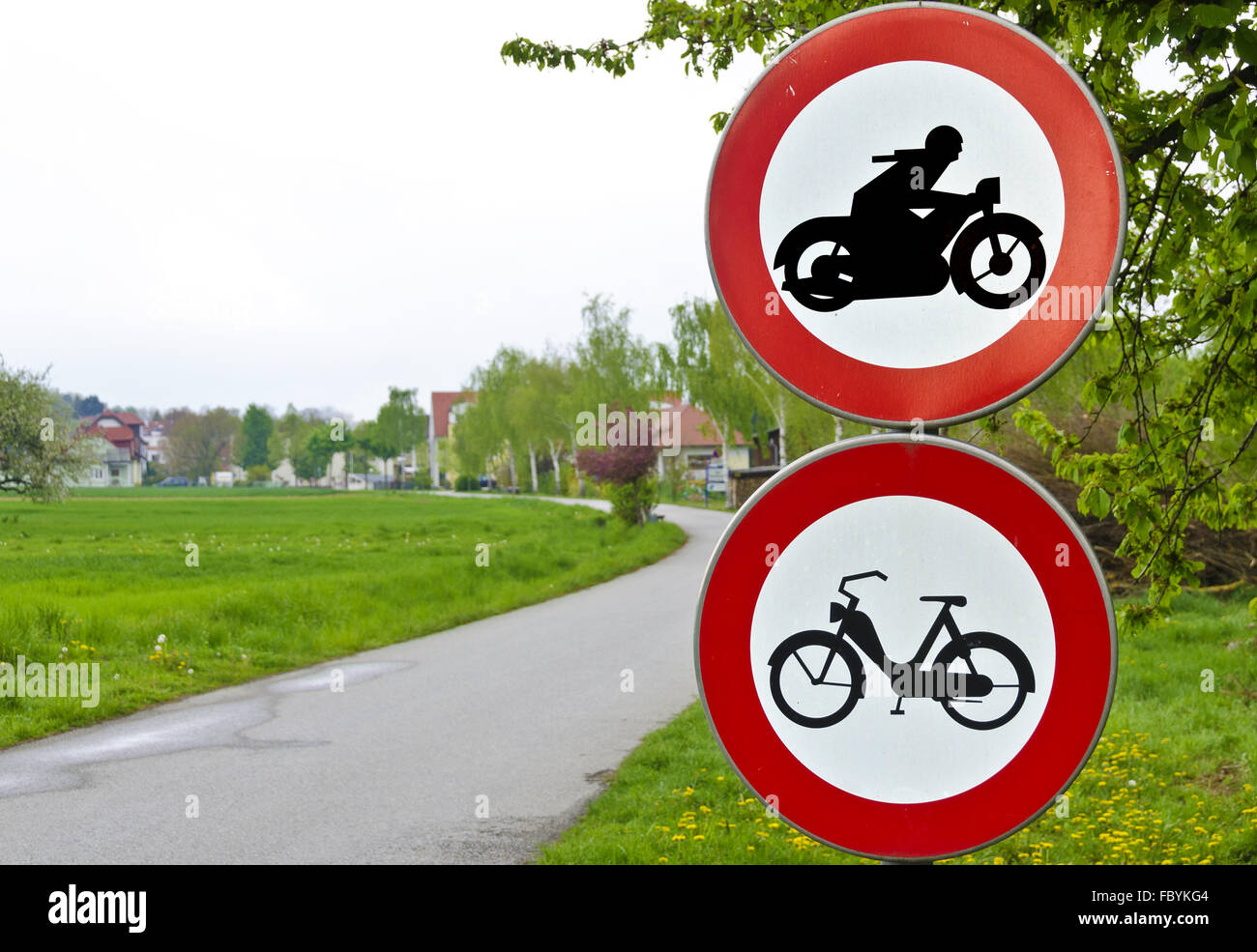 traffic signs driving ban for motorcycles Stock Photo