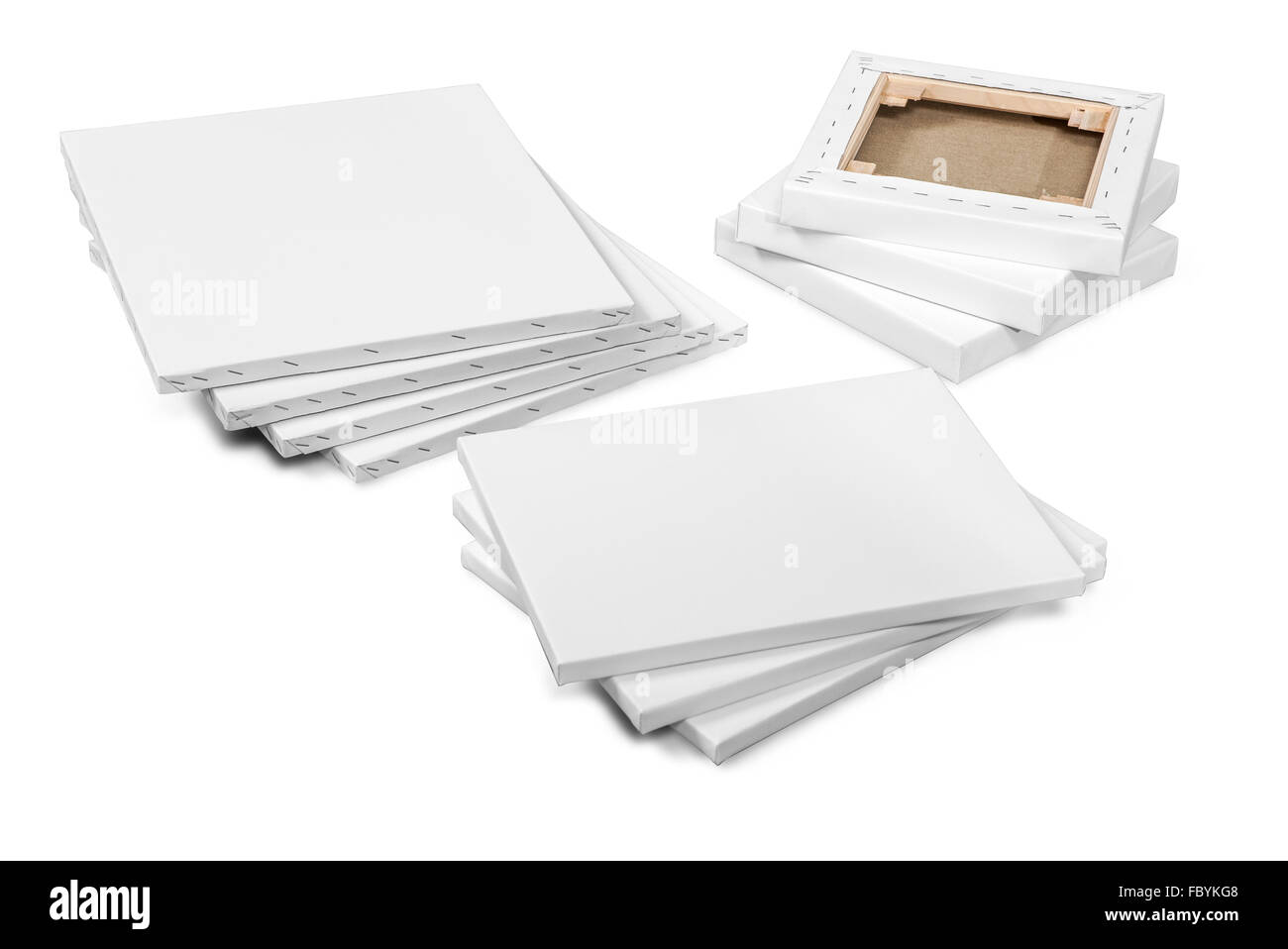 Gallery wrapped blank canvas on wooden frame - stretcher bar frames back and front side isolated on white Stock Photo
