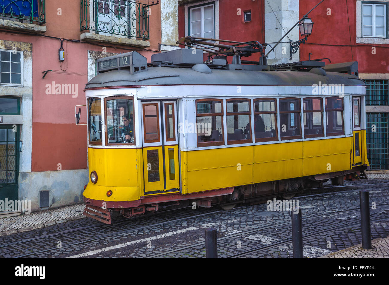 Vintage yellow tram, symbol of Lisbon, Portugal Stock Photo