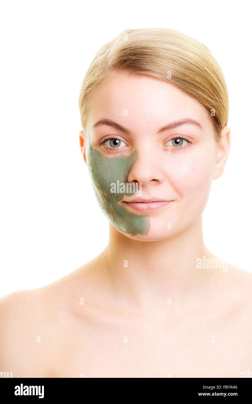 Skin care. Woman with clay mud mask on face Stock Photo Alamy