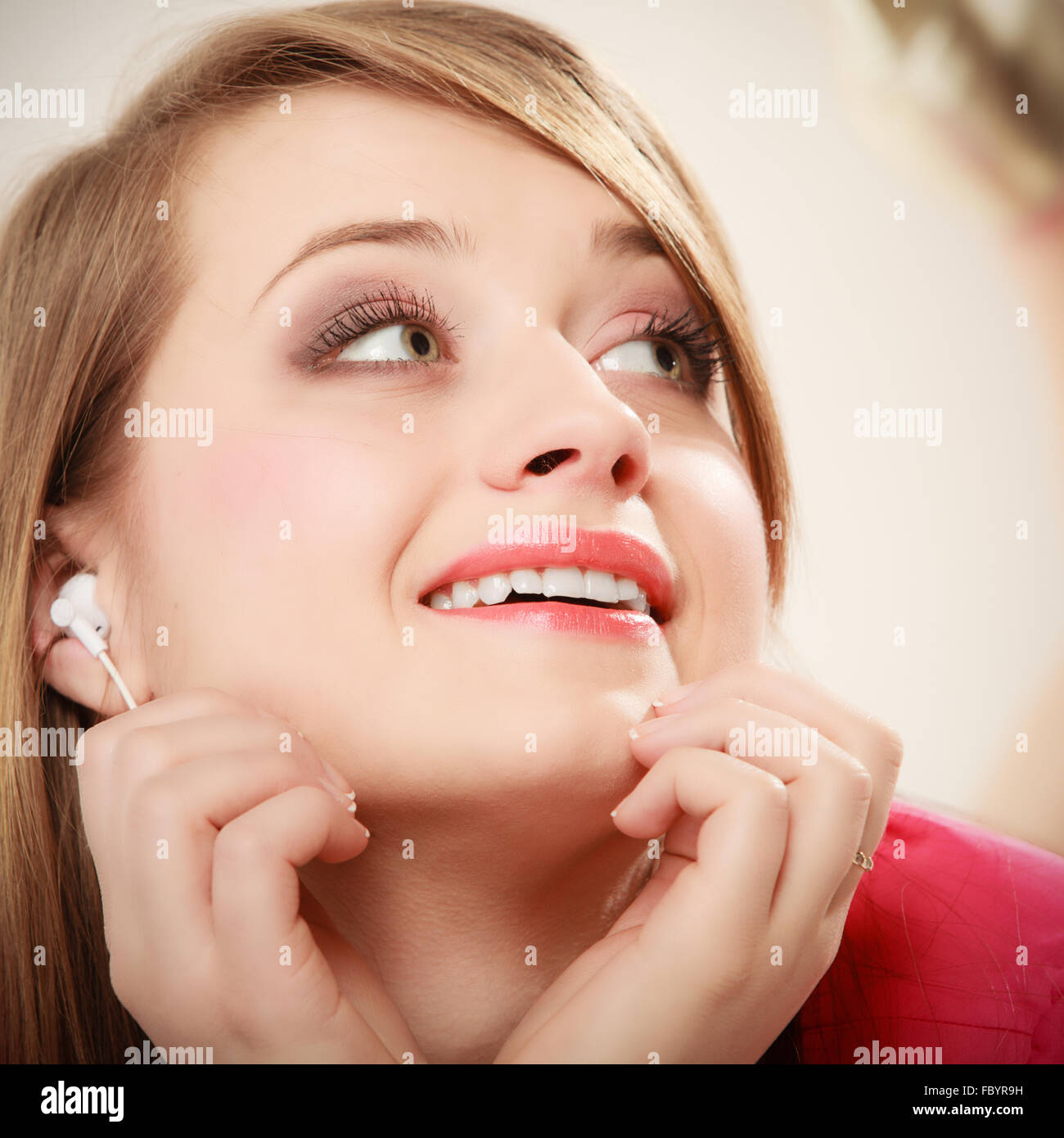 Girl With White Headphones Listening To Music Stock Photo Alamy