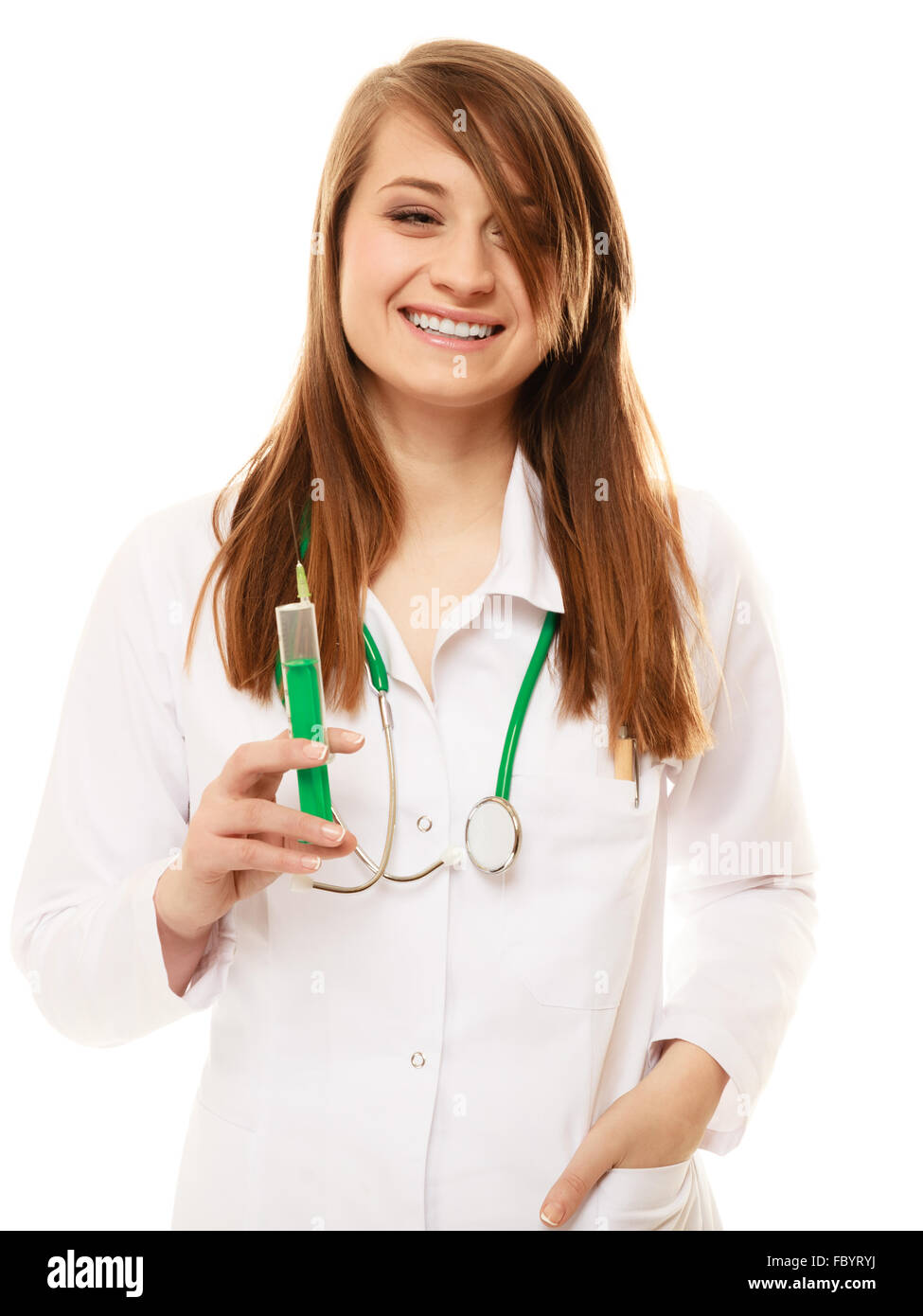 Medical. Woman doctor in lab coat with syringe Stock Photo Alamy