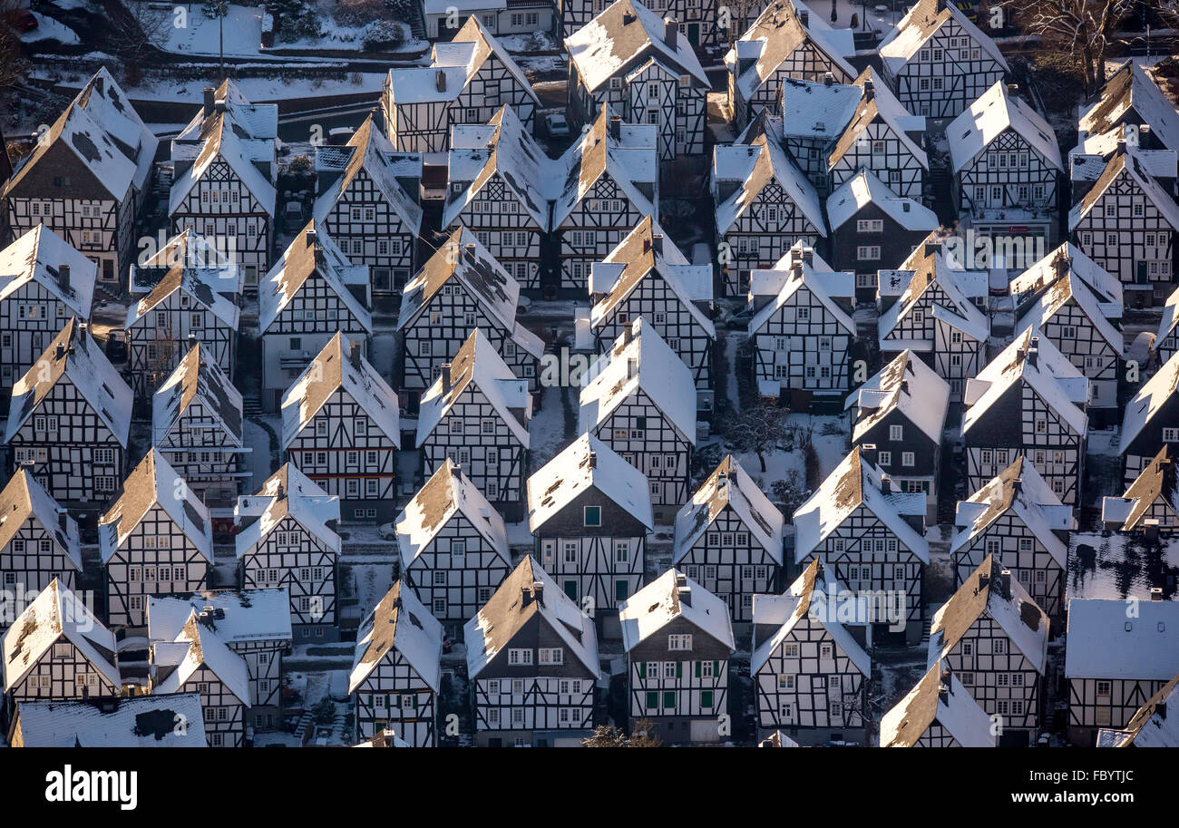 Aerial view, winter, snow, 'age spots' historic city of Freudenberg in the snow, half-timbered houses, half-timbered, Winter, Stock Photo